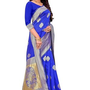 AXONIT Women's Silk Blend Banarasi Jacquard Zari Butta with Brocade Pallu Design Saree with Unstitched Blouse Piece
