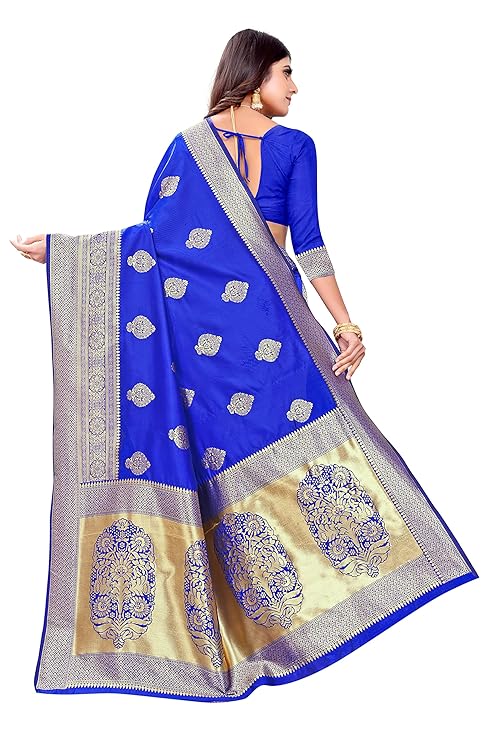 AXONIT Women's Silk Blend Banarasi Jacquard Zari Butta with Brocade Pallu Design Saree with Unstitched Blouse Piece