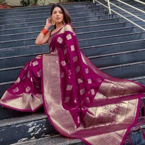 AXONIT Women's Silk Blend Banarasi Jacquard Zari Butta with Brocade Pallu Design Saree with Unstitched Blouse Piece