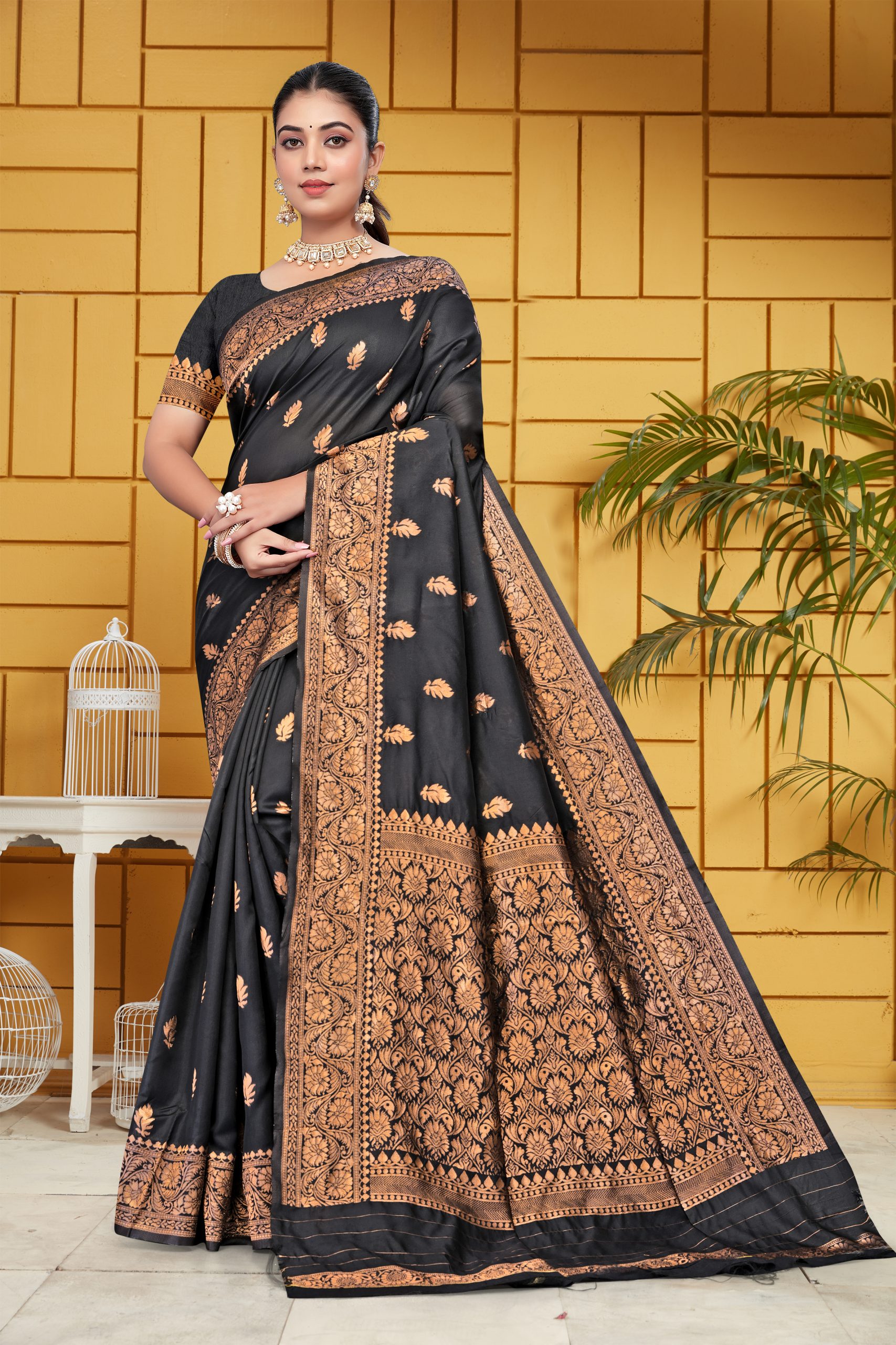 AXONIT Women's Silk Blend Banarasi Jacquard Leaf Motifs Design Saree with Unstitched Blouse Piece - Black