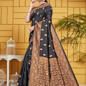 AXONIT Women's Silk Blend Banarasi Jacquard Leaf Motifs Design Saree with Unstitched Blouse Piece - Black