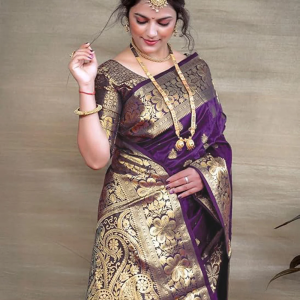AXONIT Women's Silk Blend Banarasi Jacquard Floral & Paisley Design Saree with Unstitched Blouse Piece
