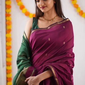 AXONIT Women's Cotton Saree with Zari Motifs & Dual Tone Finish with Unstitched Blouse Piece