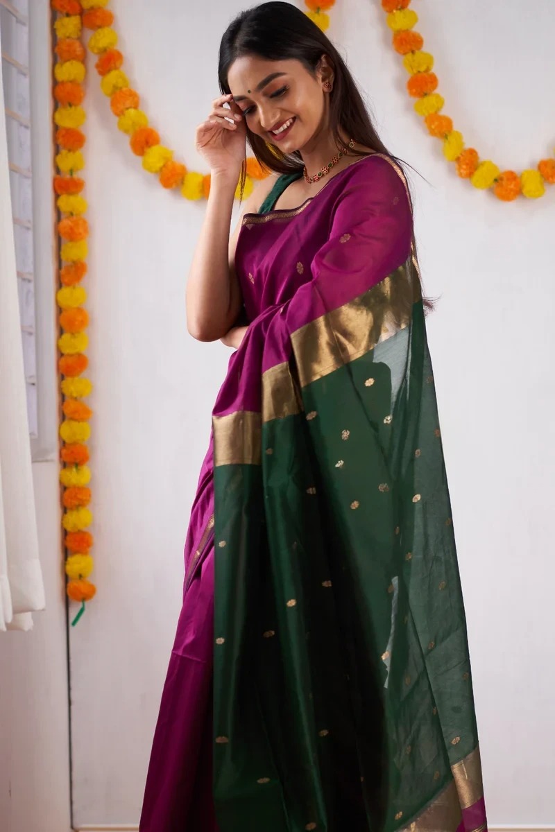 AXONIT Women's Cotton Saree with Zari Motifs & Dual Tone Finish with Unstitched Blouse Piece