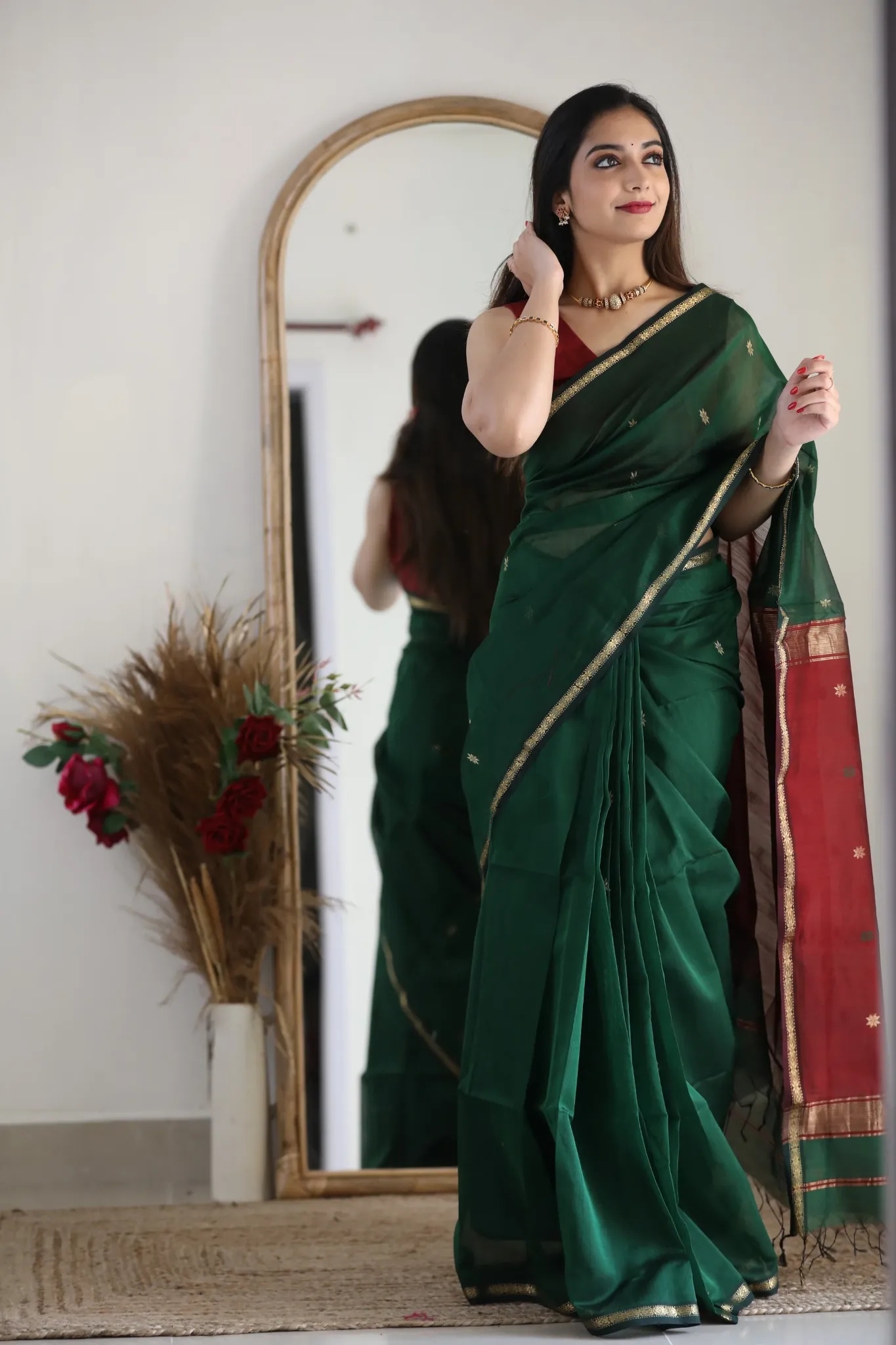 AXONIT Women's Cotton Saree with Zari Motifs & Dual Tone Finish with Unstitched Blouse Piece