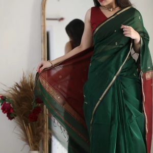 AXONIT Women's Cotton Saree with Zari Motifs & Dual Tone Finish with Unstitched Blouse Piece