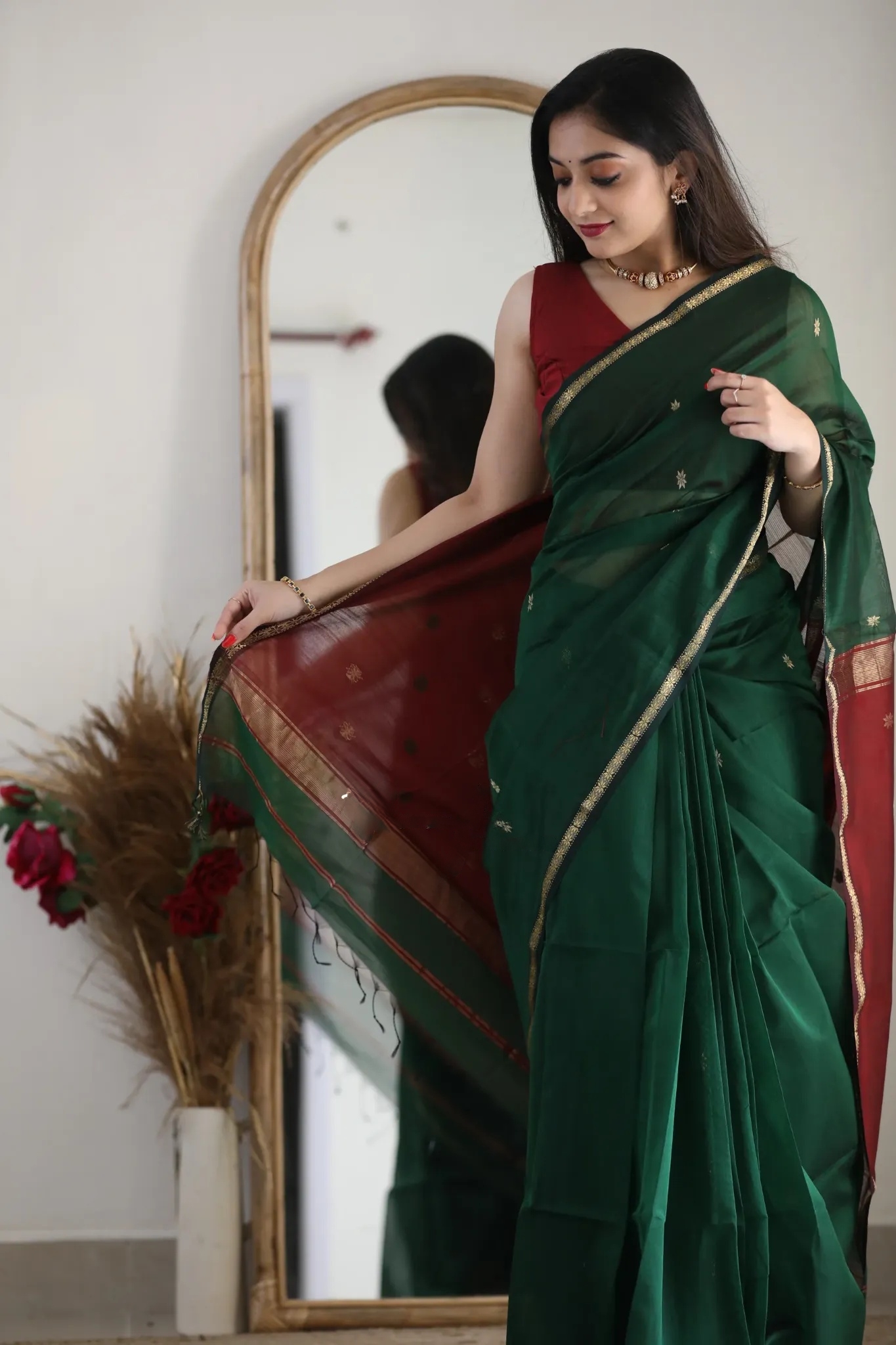 AXONIT Women's Cotton Saree with Zari Motifs & Dual Tone Finish with Unstitched Blouse Piece