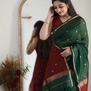 AXONIT Women's Cotton Saree with Zari Motifs & Dual Tone Finish with Unstitched Blouse Piece