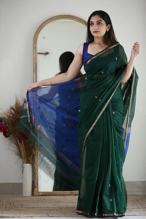 AXONIT Women's Cotton Saree with Zari Motifs & Dual Tone Finish with Unstitched Blouse Piece