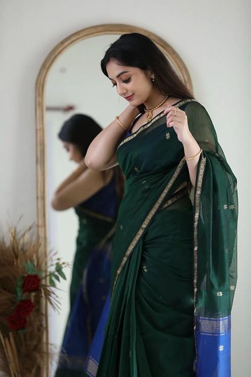 AXONIT Women's Cotton Saree with Zari Motifs & Dual Tone Finish with Unstitched Blouse Piece