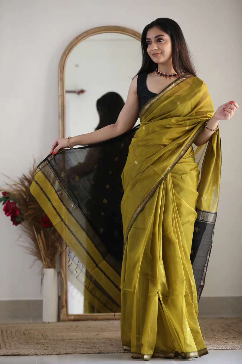 AXONIT Women's Cotton Saree with Zari Motifs & Dual Tone Finish with Unstitched Blouse Piece