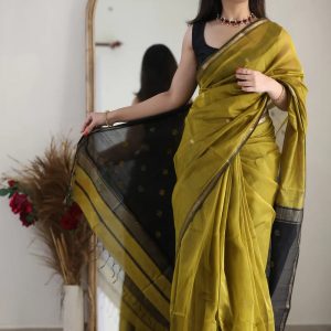 AXONIT Women's Cotton Saree with Zari Motifs & Dual Tone Finish with Unstitched Blouse Piece