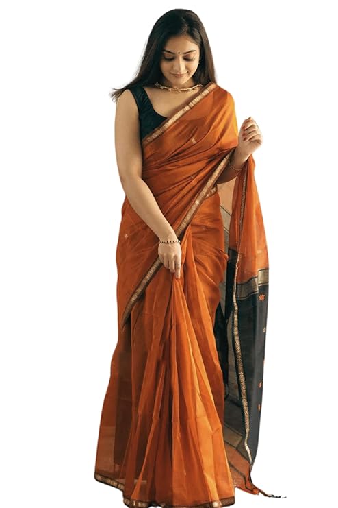 AXONIT Women's Cotton Saree with Zari Motifs & Dual Tone Finish with Unstitched Blouse Piece