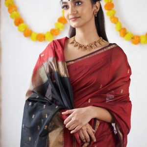 AXONIT Women's Cotton Saree with Zari Motifs & Dual Tone Finish with Unstitched Blouse Piece