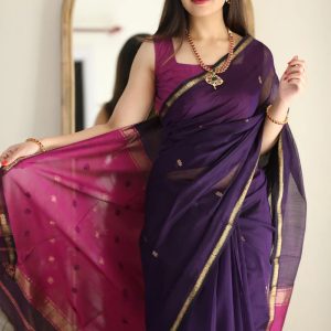 AXONIT Women's Cotton Saree with Zari Motifs & Dual Tone Finish with Unstitched Blouse Piece