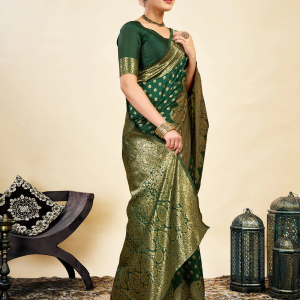 AXONIT Women's Silk Blend Banarasi Jacquard Classic Motif Design Saree with Unstitched Blouse Piece