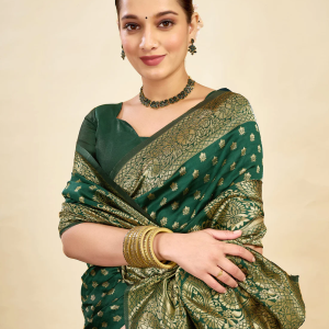 AXONIT Women's Silk Blend Banarasi Jacquard Classic Motif Design Saree with Unstitched Blouse Piece