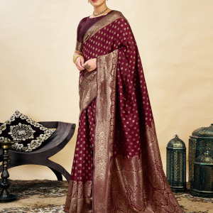 AXONIT Women's Silk Blend Banarasi Jacquard Classic Motif Design Saree with Unstitched Blouse Piece