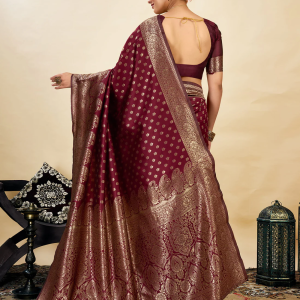 AXONIT Women's Silk Blend Banarasi Jacquard Classic Motif Design Saree with Unstitched Blouse Piece