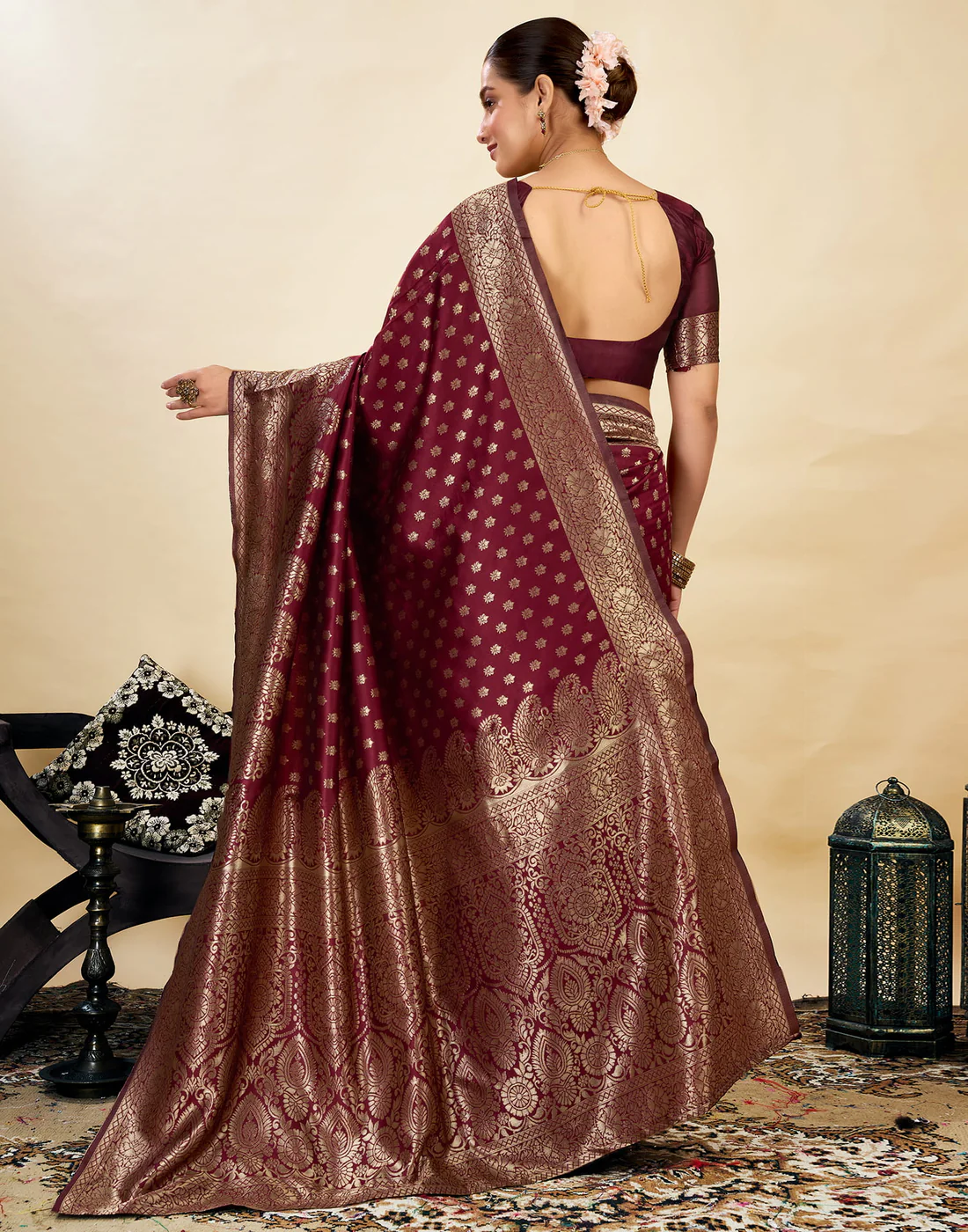 AXONIT Women's Silk Blend Banarasi Jacquard Classic Motif Design Saree with Unstitched Blouse Piece