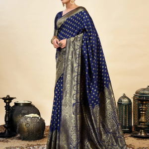 AXONIT Women's Silk Blend Banarasi Jacquard Classic Motif Design Saree with Unstitched Blouse Piece