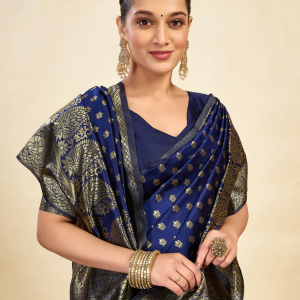 AXONIT Women's Silk Blend Banarasi Jacquard Classic Motif Design Saree with Unstitched Blouse Piece
