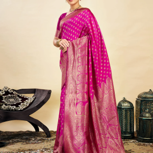 AXONIT Women's Silk Blend Banarasi Jacquard Classic Motif Design Saree with Unstitched Blouse Piece