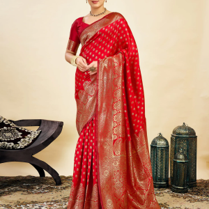 AXONIT Women's Silk Blend Banarasi Jacquard Classic Motif Design Saree with Unstitched Blouse Piece