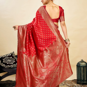 AXONIT Women's Silk Blend Banarasi Jacquard Classic Motif Design Saree with Unstitched Blouse Piece