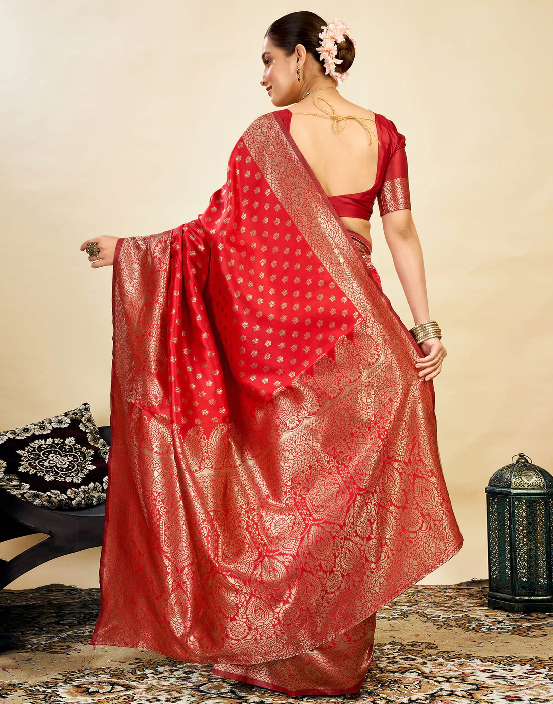 AXONIT Women's Silk Blend Banarasi Jacquard Classic Motif Design Saree with Unstitched Blouse Piece