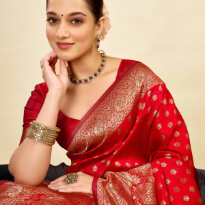 AXONIT Women's Silk Blend Banarasi Jacquard Classic Motif Design Saree with Unstitched Blouse Piece