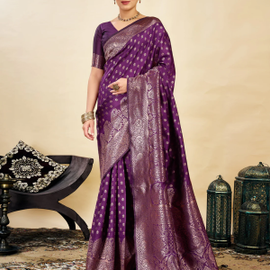 AXONIT Women's Silk Blend Banarasi Jacquard Classic Motif Design Saree with Unstitched Blouse Piece