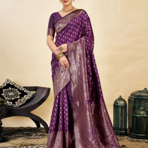 AXONIT Women's Silk Blend Banarasi Jacquard Classic Motif Design Saree with Unstitched Blouse Piece