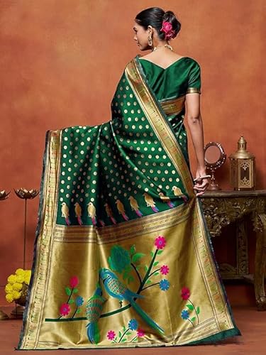 AXONIT Women's Silk Saree with Peacock & Floral Motifs & Multi-Color Weaving Pallu with Unstitched Blouse Piece - Green
