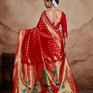 AXONIT Women’s Silk Saree with Peacock & Floral Motifs & Multi-Color Weaving Pallu with Unstitched Blouse Piece – Red