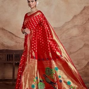 AXONIT Women's Silk Saree with Peacock & Floral Motifs & Multi-Color Weaving Pallu with Unstitched Blouse Piece - Red