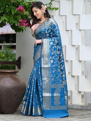 AXONIT Women's Silk Saree with Floral & Paisley Weaving & Traditional Golden Pallu with Unstitched Blouse Piece
