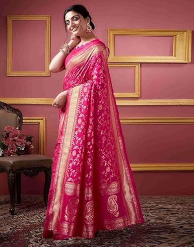AXONIT Women's Silk Saree with Floral & Paisley Weaving & Traditional Golden Pallu with Unstitched Blouse Piece