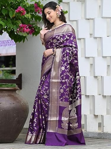 AXONIT Women's Silk Saree with Floral & Paisley Weaving & Traditional Golden Pallu with Unstitched Blouse Piece
