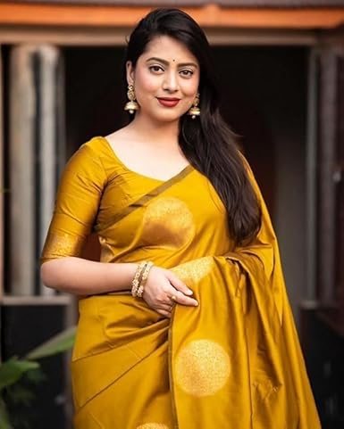 AXONIT Women's Silk Saree with Polka Butti Weaving & Golden Zari Pallu with Unstitched Blouse Piece