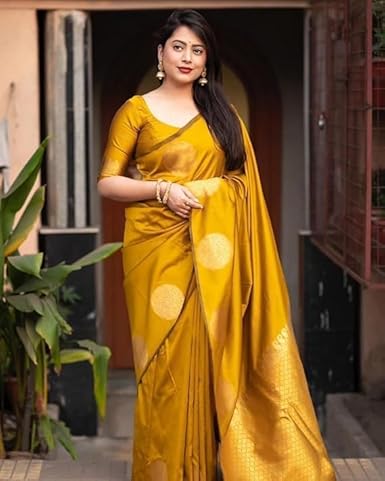 AXONIT Women's Silk Saree with Polka Butti Weaving & Golden Zari Pallu with Unstitched Blouse Piece