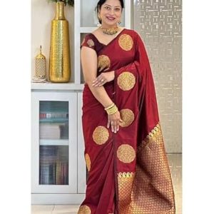 AXONIT Women's Silk Saree with Polka Butti Weaving & Golden Zari Pallu with Unstitched Blouse Piece