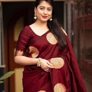 AXONIT Women's Silk Saree with Polka Butti Weaving & Golden Zari Pallu with Unstitched Blouse Piece