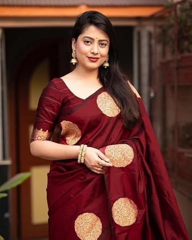 AXONIT Women's Silk Saree with Polka Butti Weaving & Golden Zari Pallu with Unstitched Blouse Piece