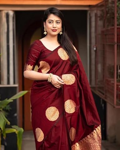 AXONIT Women's Silk Saree with Polka Butti Weaving & Golden Zari Pallu with Unstitched Blouse Piece