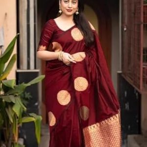 AXONIT Women's Silk Saree with Polka Butti Weaving & Golden Zari Pallu with Unstitched Blouse Piece