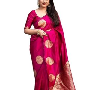AXONIT Women's Silk Saree with Polka Butti Weaving & Golden Zari Pallu with Unstitched Blouse Piece