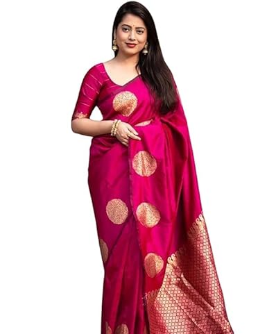 AXONIT Women's Silk Saree with Polka Butti Weaving & Golden Zari Pallu with Unstitched Blouse Piece