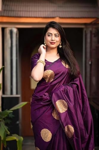 AXONIT Women's Silk Saree with Polka Butti Weaving & Golden Zari Pallu with Unstitched Blouse Piece