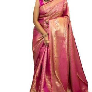 AXONIT Women’s Banarasi Silk Saree with Golden Zari Weaving & Border with Unstitched Blouse Piece